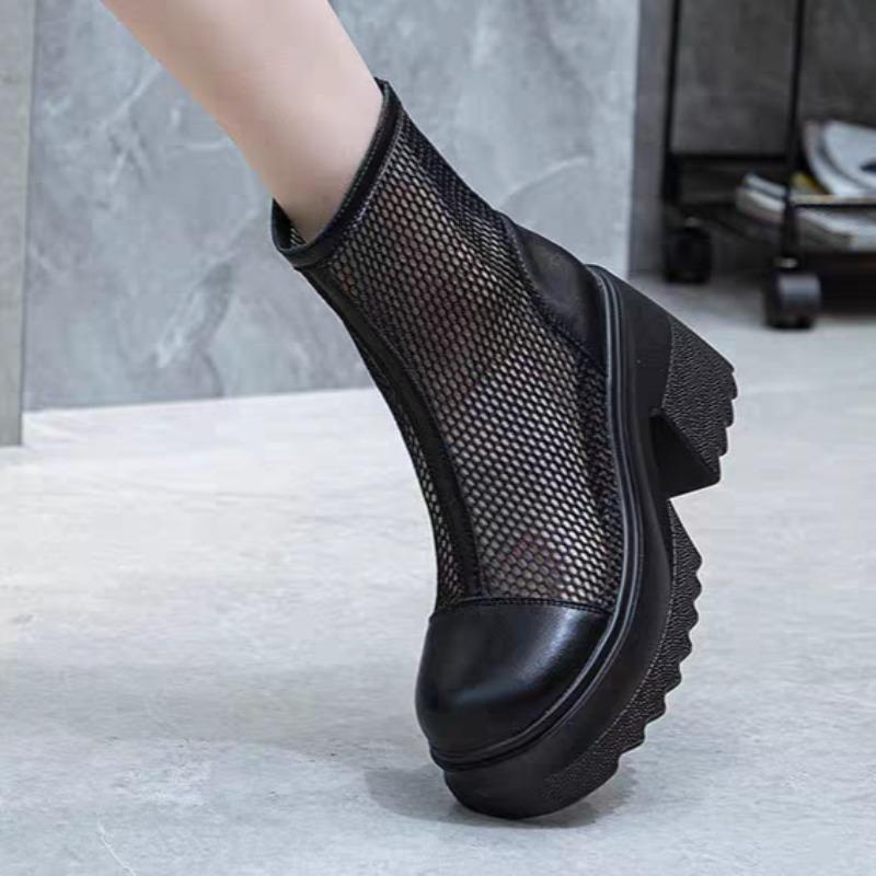 Fashion Fashion Block Heel Cold Boots Women's Autumn New Round Toe Spliced Mesh Rear Zipper Platform Non-Slip Shorthole Boots