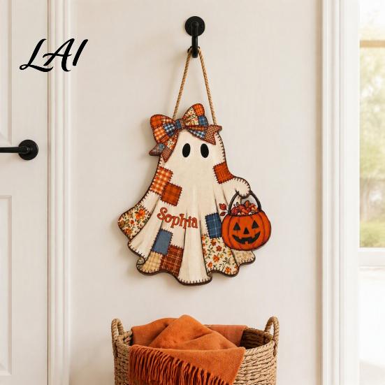 Seasonal Wall Hanging for Parties Halloween Wooden Patchwork Ghost Pendant Vintage Autumn Harvest Sign Cute Retro Ornament Walls Pendant with