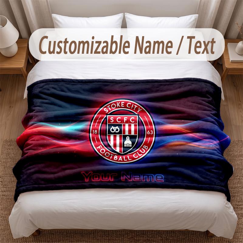 Stoke City FC Printed Flannel Blanket Custom Name Text Soft Warm Throw For Bedroom Holiday Gift