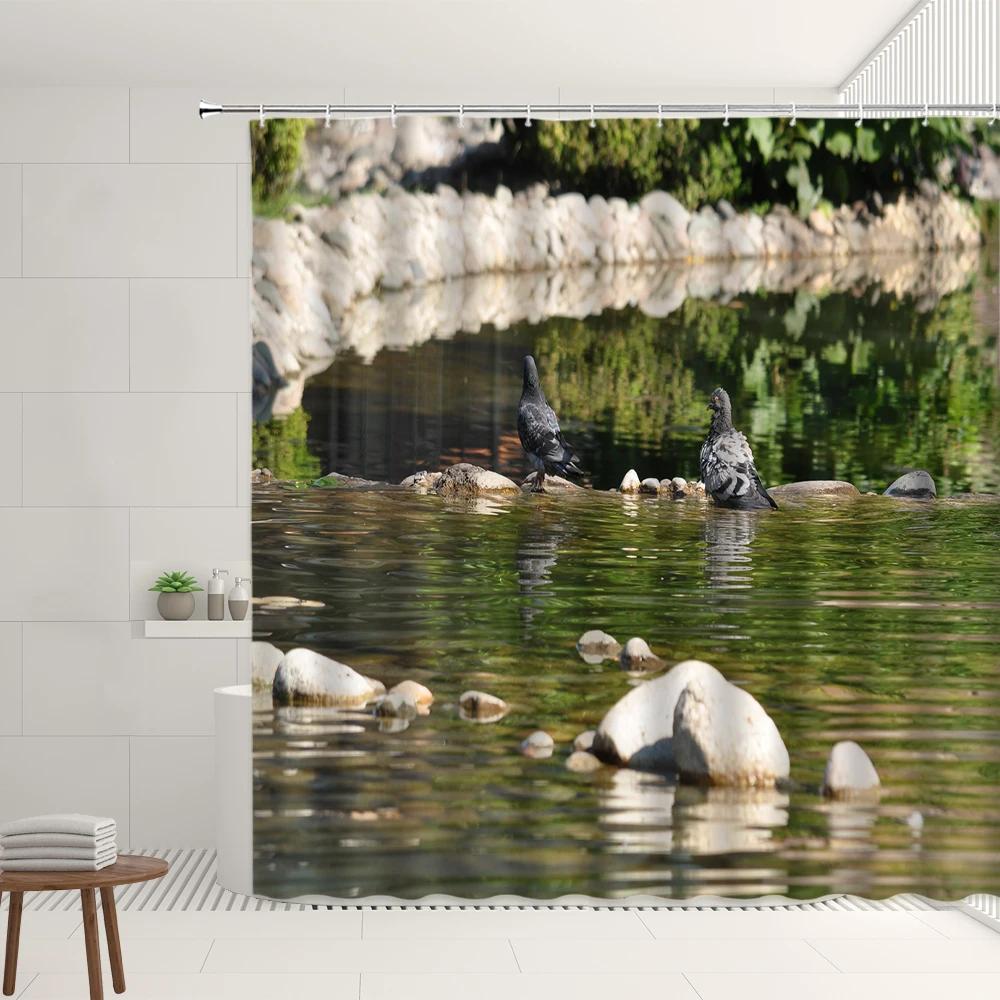 Autumn Mist Forest Scenery Shower Curtains Set Garden Plant Fallen Leaves Birds Home Bathroom Bathtub Decor Screens With Hooks