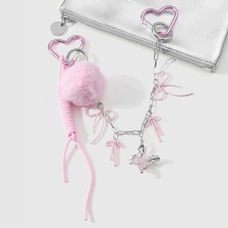 Fashion Bows Keyring Creative Car Key Chain Plush Pompoms Keychain Heart Keyrings Bag Pendant Ornaments Bag Charm
