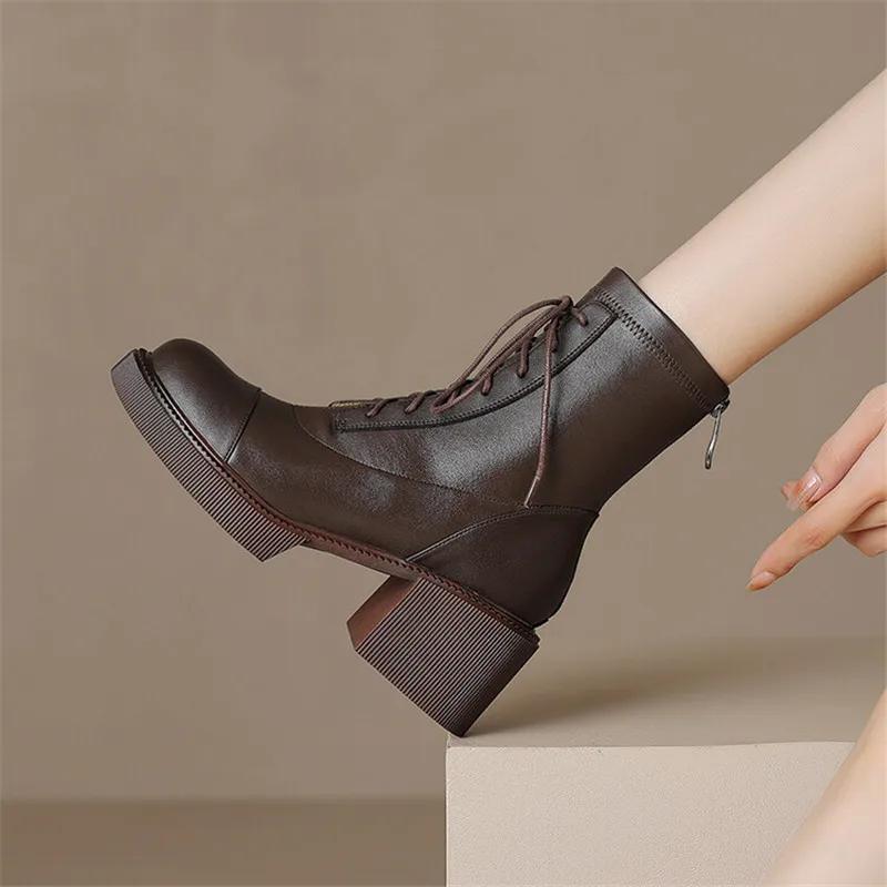 Fashion 2025 Autumn Winter Split Leather Women Boots Round Toe Lace Up Short Boots for Women Chunky Heels Boots Zapatos Mujer High Heels