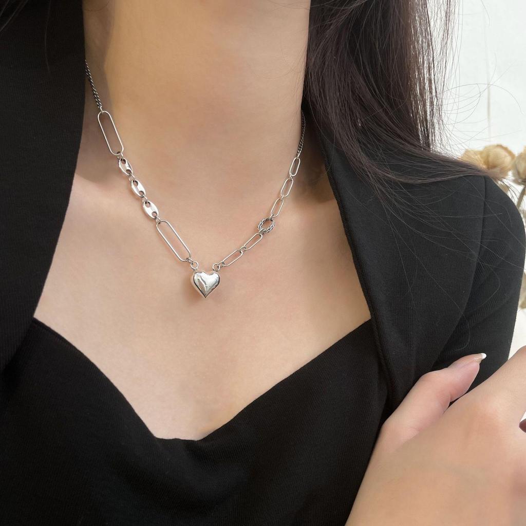 Koreański Naszyjnik Srebro Próby 925 Serce - Minimalistyczny Vintage Łańcuszek na Obojczyk dla Kobiet
