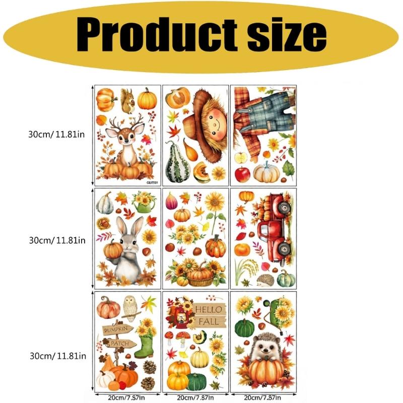 9 Sheets PVC Thanksgiving Glass Clings with Sunflowers, Pumpkins, Fall Message Signs and Animal Motifs for Smooth Glass Displays in Homes, Offices and
