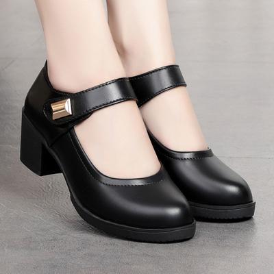 Women's Leather Shoes Autumn Comfortable Casual  Non-slip Soft Sole Wedge Mother Shoes Black Breathable Mid-heel Work Shoes