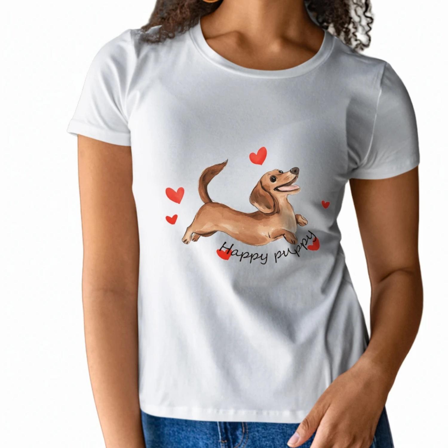 

Adorable Womens Short Sleeve T Shirt Happy Puppy Design with Jumping Dachshund and Hearts Perfect for Pet Lovers in Summer S белый