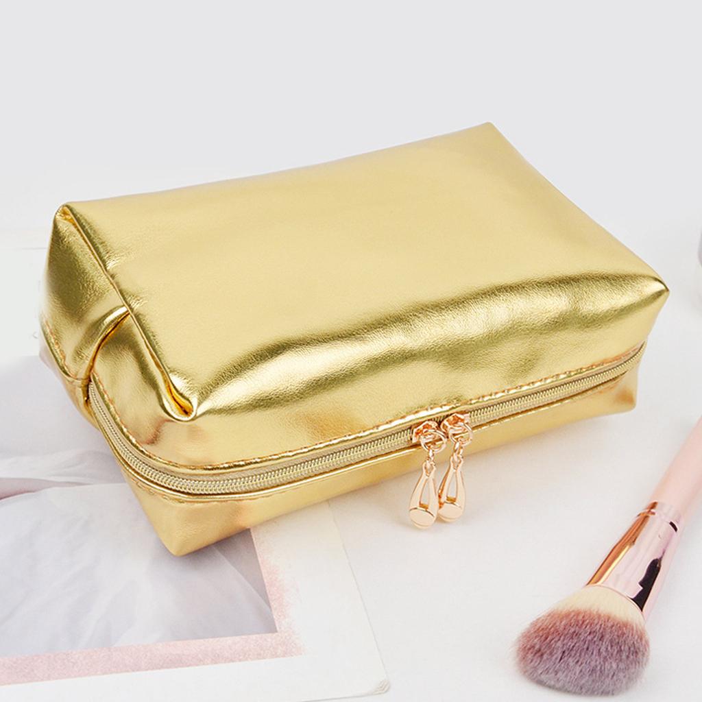 Handheld Makeup Bag with Large Capacity Gold PU Leather Zipper Bags Versatile Make Up Pouch Cosmetic Travel Organizer