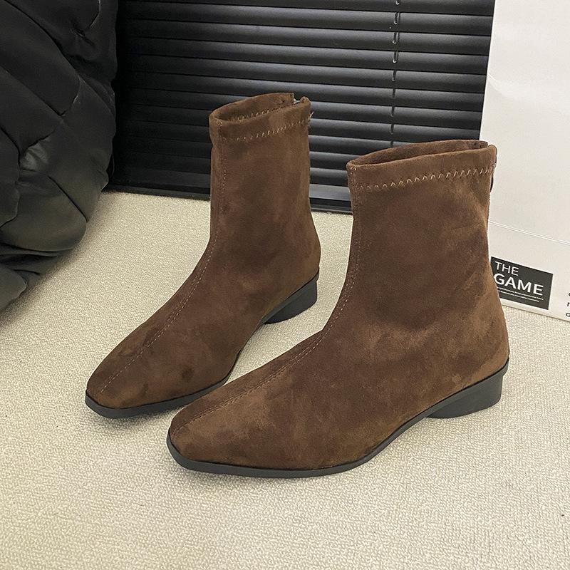 Retro Versatile Solid Color Simple Square Head Thick Heel Thin Boots Women's 2025 Autumn and Winter New Versatile Short Boots Fashion Short Boots
