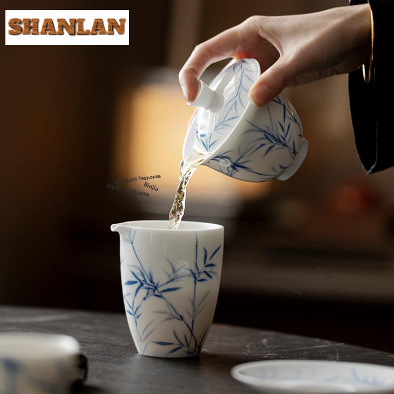 160ml Blue And White Hand-painted Bamboo Gaiwan Retro Tea Tureen Tea Bowl With Lid Kit Tea Brewing Cover Bowl Cha Decoration