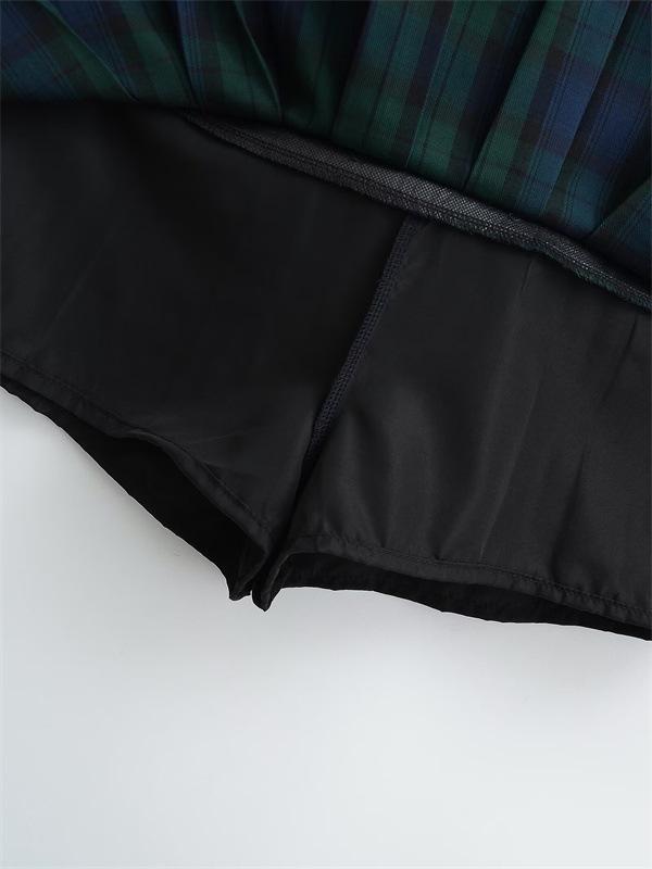 Damen Grüner Karomuster Retro Falten Minirock, Niedrige Taille, Schlankmachend, Anti-Exposure, Petite Passform