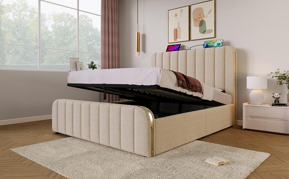 Double Bed, Upholstered Headboard, Golden Decorative Stripes, USB Type-C Charging, 140*200 cm, Beige Linen, Hydraulic Storage, 181 kg (With Mattress)