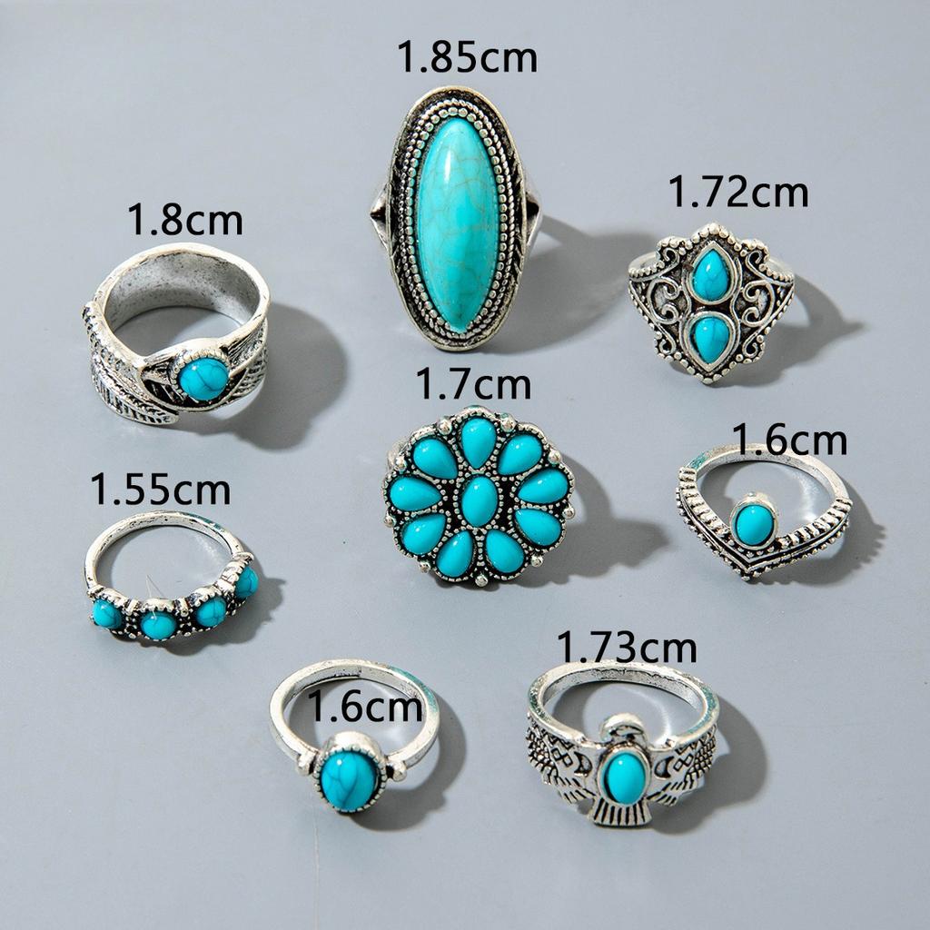 European and American Ethnic Style Carved Feather turquoise Ring Retro Personality Ring Set Combination Ring Set