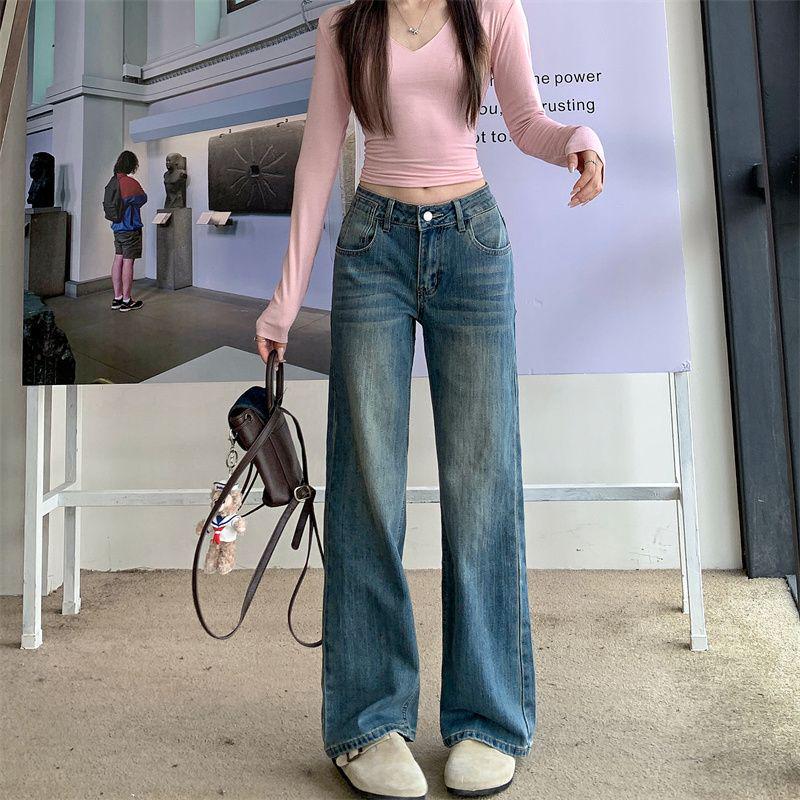 Women s Blue Retro Straight-Leg Denim Pants - Slimming Floor-Length, Micro-Elastic, Autumn/Winter 2025 L