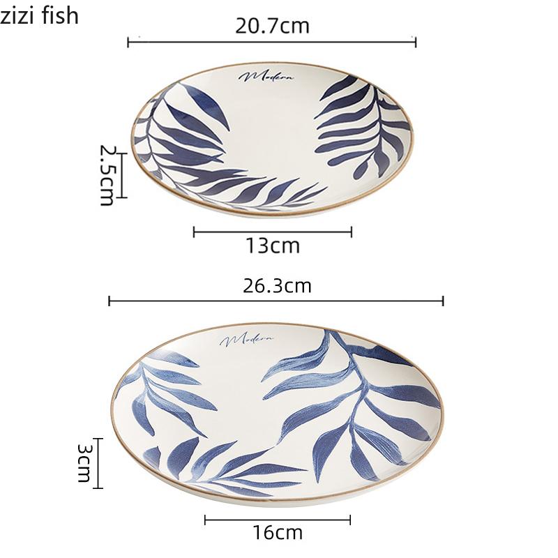 Blue Leaf Ceramic Shallow Plate Creative Steak Plate Dessert Plate Salad Plates Sushi Snack Plates Hotel Featured Tableware