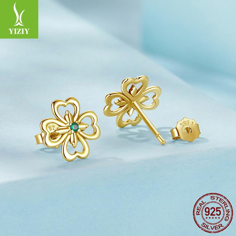 S925 Sterling Silver Four-Leaf Clover Stud Earrings Fashion Niche Temperament Earrings Women'S Cross-Border Source Direct Sales