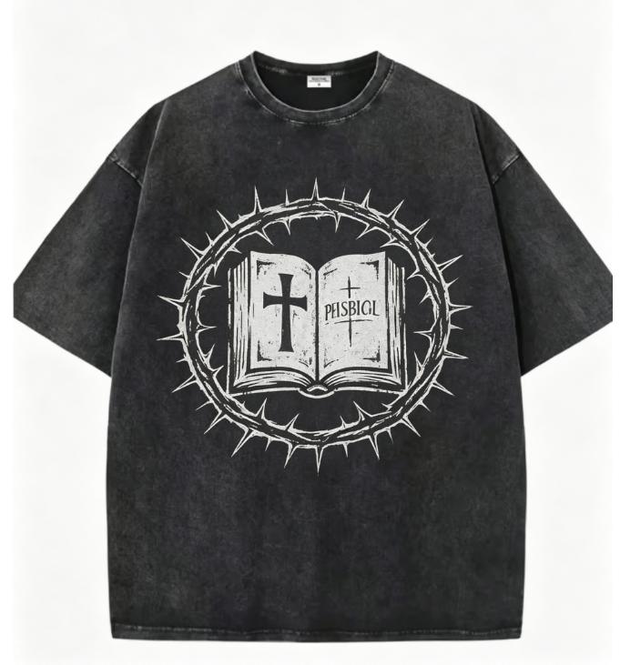 Gothic Christian Cross Print T Shirt Mens Oversized Washed Black Tee Retro Graffiti Streetwear Casual Tops