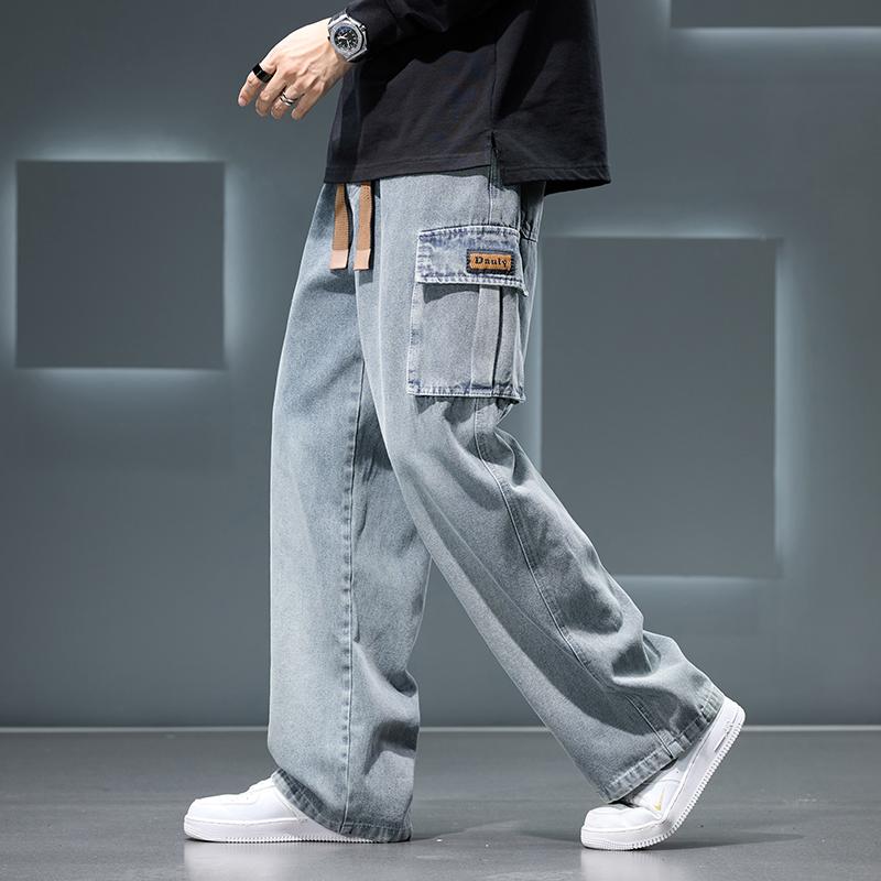Wide Leg Washing Jean Pants Men Trousers Neutral Solid Color Loose Casual Fashion Pocket Cargo Pants Big Size 8XL