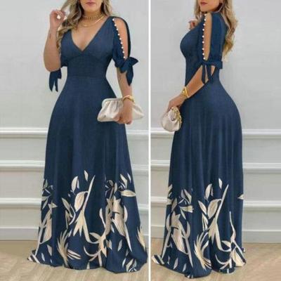 Hollow Out Flower Print Women Maxi Dress V Neck High Waist Low Cut Bead Decor Floor Length A Line Patchwork Bow Half Sleeve Spring Fall Dress
