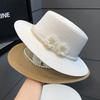 French British Retro Pearl Flat Top Straw Hat for Women, Elegant Wide Brim Summer Sun Cap, Beach Vacation UV Protection