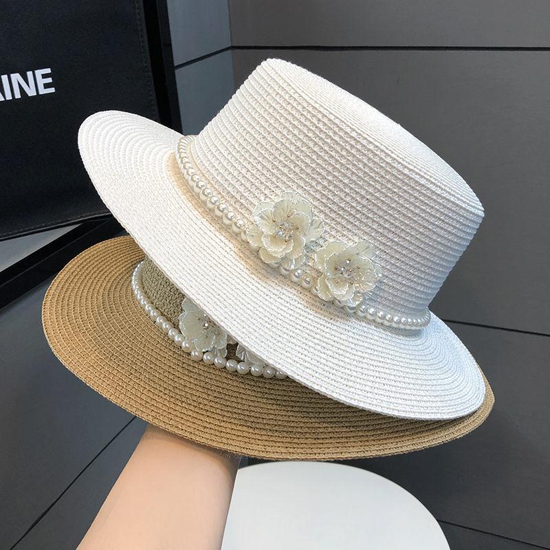 French British Retro Pearl Flat Top Straw Hat for Women, Elegant Wide Brim Summer Sun Cap, Beach Vacation UV Protection