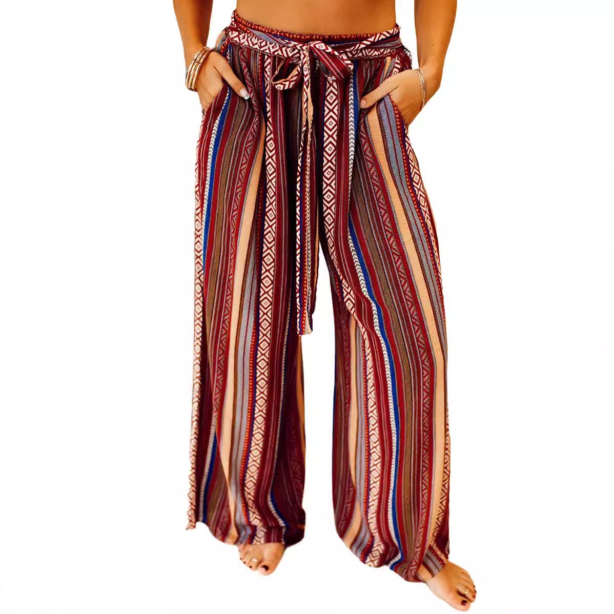 

Женские брюки с высокой посадкой, цветными блоками, полосатые, с широкими штанинами и завязкой на шнурке S цветочный