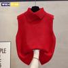 Koreanischer Strickweste Damen Herbst Winter Einfarbig Revers Ärmellos Pullover Warme Schicht-Oberteil Lässig Outfit