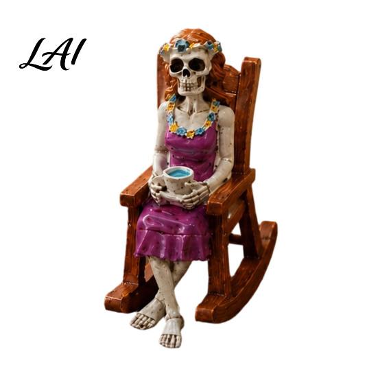 Gothic Garden Landscaping Decor Halloween Skeleton Figurine Resin Sitting On Rocking Chair Statue Drinking Coffee Crocheting Reading Tabletop