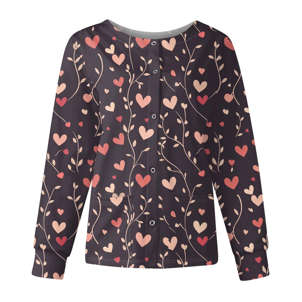Women's Casual Fashion Long Sleeve Standing Collar Single Breasted Valentine's Day Print Workwear Jacket Tops