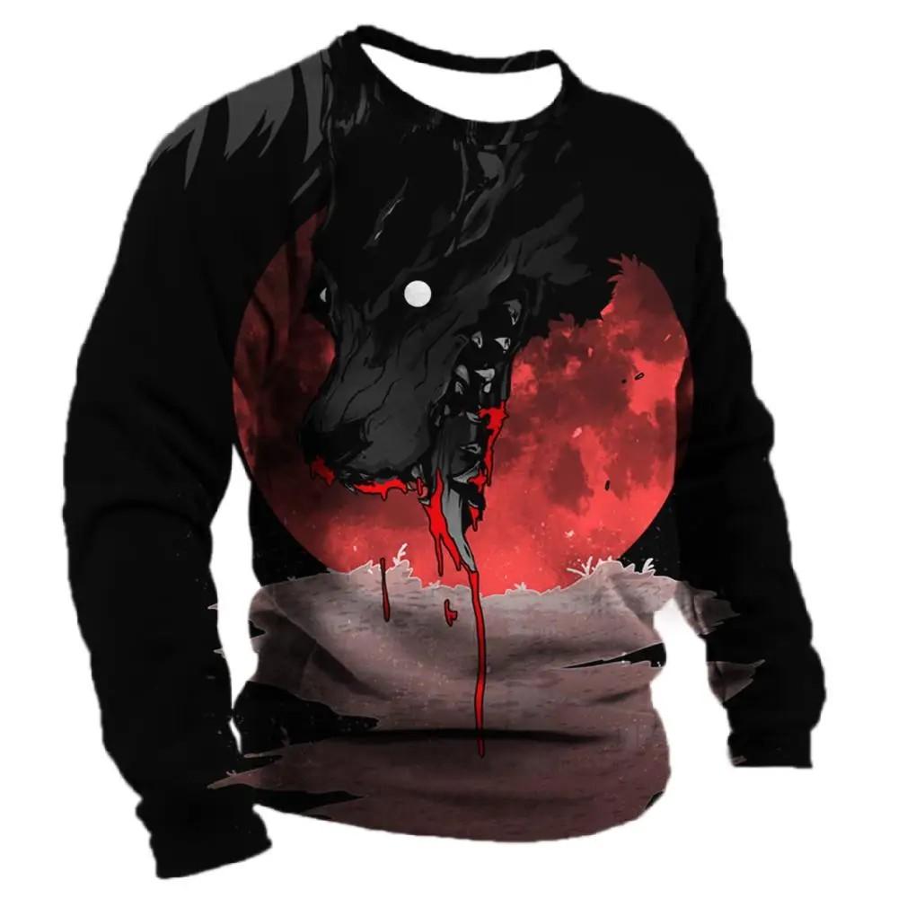 Men's Spring And Autumn Personality Retro Animal Wolf 3d Printed Round Neck Long Sleeve T-Shirt Casual Loose Breathable Jumper