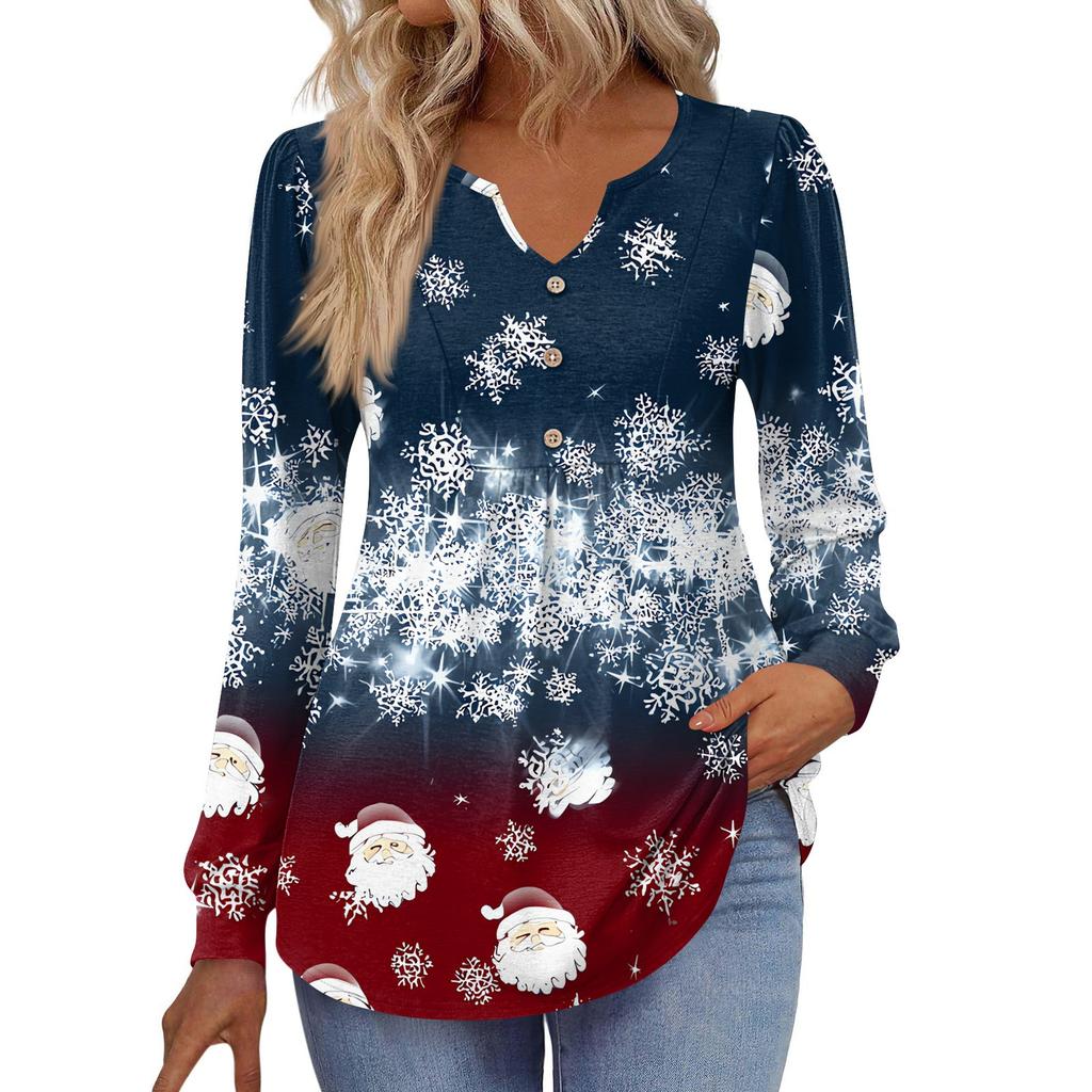 Women's Fashionable Casual V-neck Blouse Button Christmas Printed Long-sleeved Pullover T-shirt Top