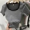 Right Shoulder Striped Square Neck Short-sleeved T-shirt for Women Summer New Slim Fit Sweet and Spicy Temperament Versatile Short Top