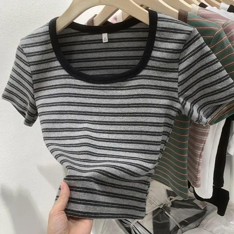 Right Shoulder Striped Square Neck Short-sleeved T-shirt for Women Summer New Slim Fit Sweet and Spicy Temperament Versatile Short Top