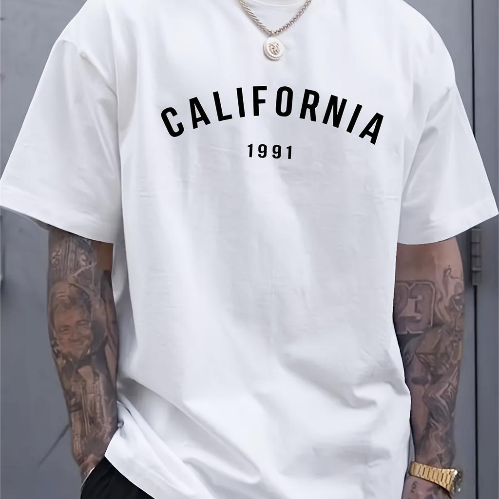 Unisexs Summer 100 Pure Cotton Fashionable Casual Loose Sports California 1991 Pattern Print Round Neck Short Sleeved Tshirt Top