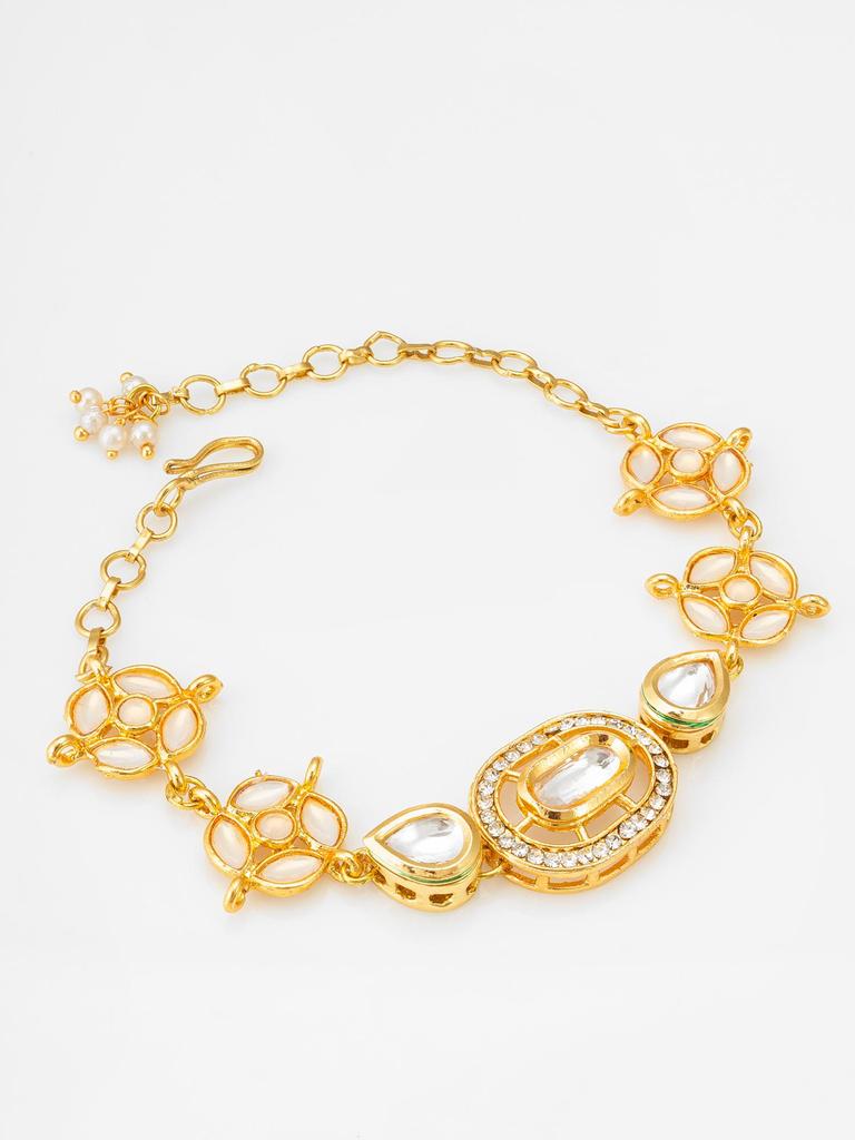 Gold-Plated White Stone-Studded & Beaded Handcrafted Bracelet