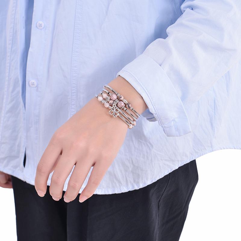 Pink Zebra Stone Multi-Layer Wrap Bracelet with Floral Pendant