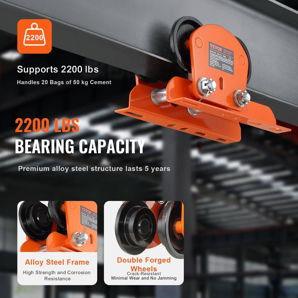 Electric Hoist Manual Trolley, 2200 lbs/1 Ton Capacity for PA200 PA250 PA300 PA400 PA500, Push Beam Trolley with Dual Wheels, 2.68"-4.33" Adjustable