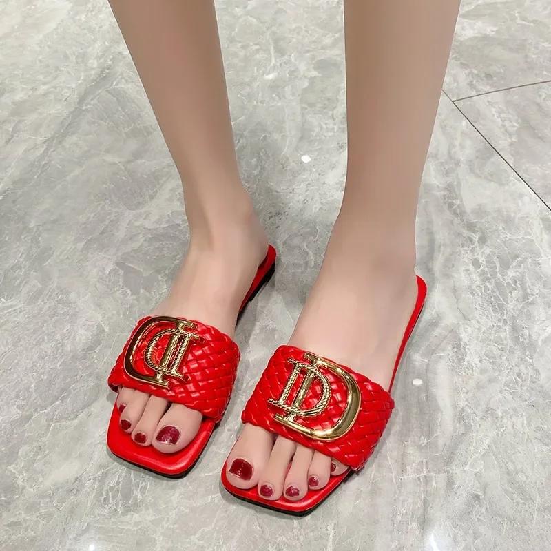 Fashion Women Slippers Party Sexy Elegant Slippers Women Luxury Decor Weave Designer Flat Sandals Fashion Open-toe Vacation Slides Women