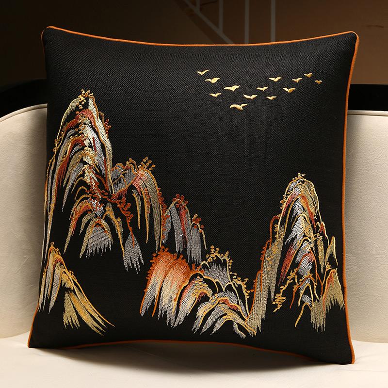 Sofa Throw Pillow Pillowcase Soft Silky Feeling Backrest Cushion Cover Living Room Luxury Decor Chinese Shanshui Embroidery