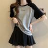 Damen Raglanärmel T-Shirt Buchstabendruck Kordelzug Raffung Lässig Kurzarm Crop Top für den Sommer