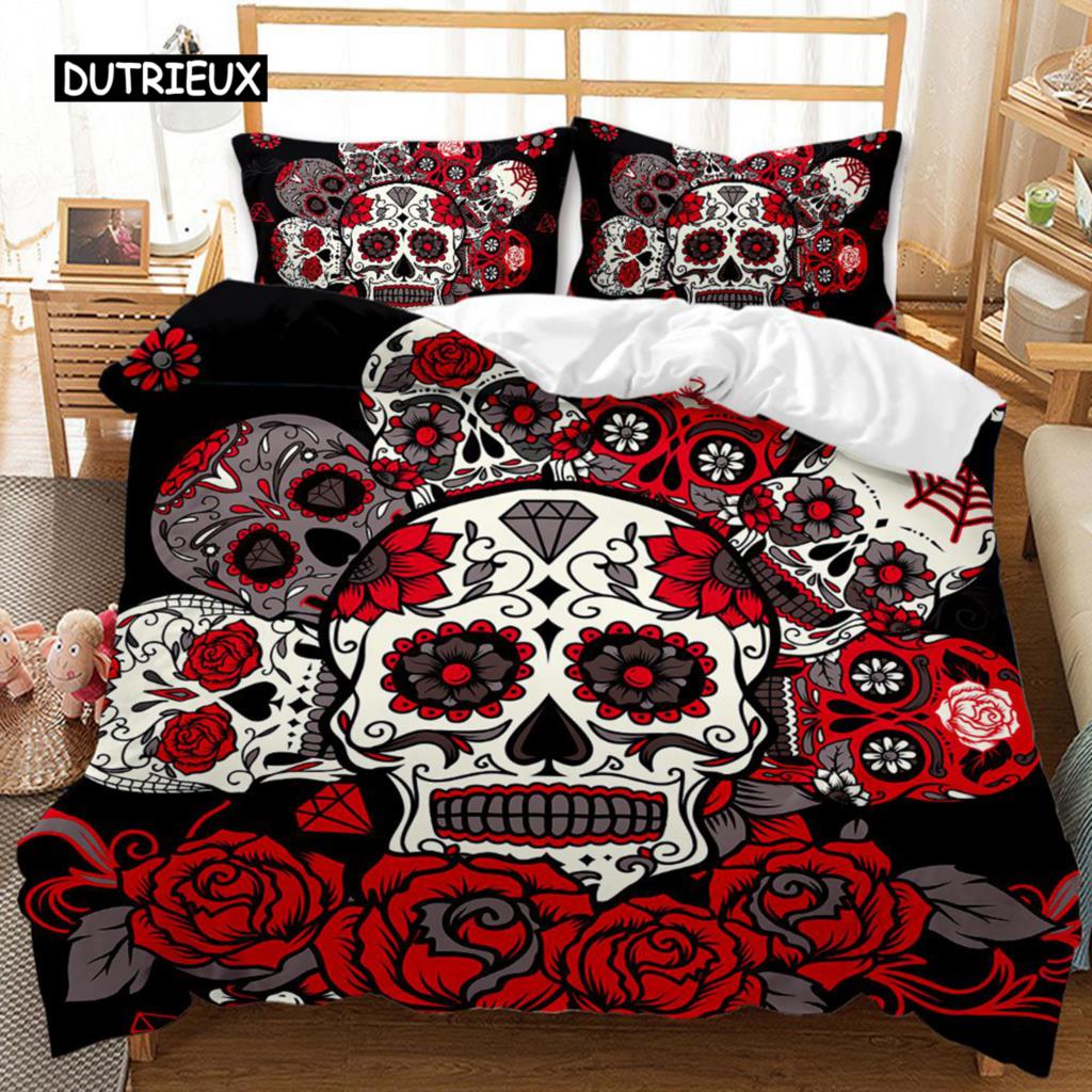Skull Duvet Cover Set Rose Floral Twin Bedding Set Printed Valentine's Day Halloween Skull Gothic Skeleton Polyester Qulit Cover