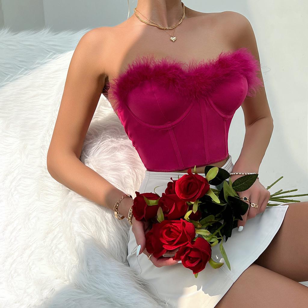 Faux Fur Tank Top Off-shoulder Crop Tops Women Summer Strapless Steel Camis Fishbone Camisole Fashion Tube Female Sleeveless Cropped Vest Y2K Clothes