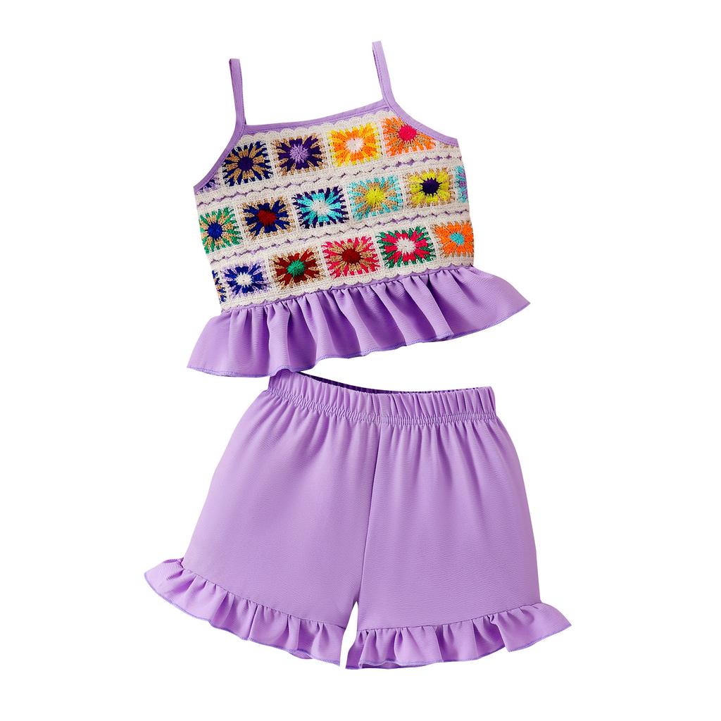 Girls Fashion Set Summer Kids Casual Halter Colored Knitted Embroidery Top + Lace Shorts Set