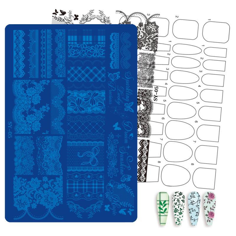1 Sheet Etched Nail Art Stencil High-Precision Bow Flower Lace Checkered Nail Decal Sheets For Reusable Manicure Transfer Tool