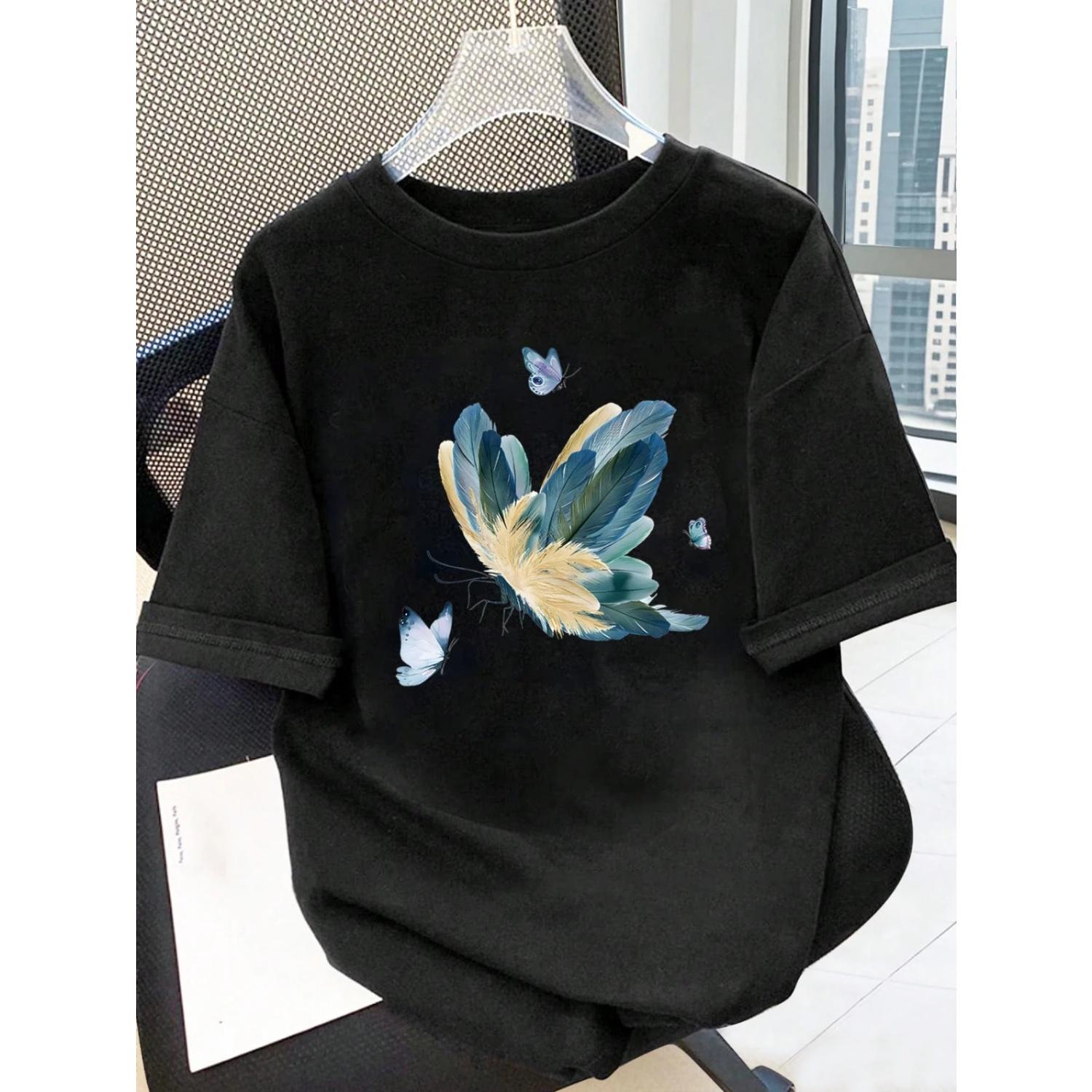 

Feather Butterfly Pattern Printing Women s Tees Cotton Women T-Shirts Casual Soft Short Sleeve Tops Comfortable Clothes S чёрный