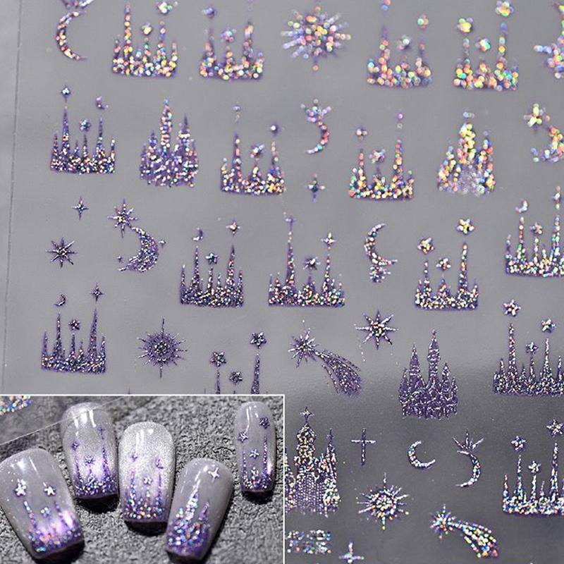 Embossed Nail Stickers Colorful Starry Sky Moon Castle Nail Decoration Decals Diy Self Adhesive Transfer Slider
