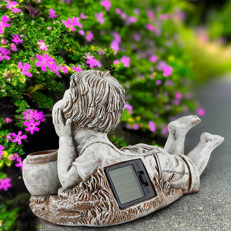 Garden Resin Child Sculpture Cute Resin Little Boy Girl Statue Solar Sculpture Indoor Outdoor Flower Bed Ornaments Photography