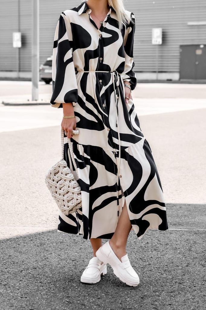 2023 European & American Style Printed Shirt Dress with Pockets - Casual Autumn Long Skirt with Tie