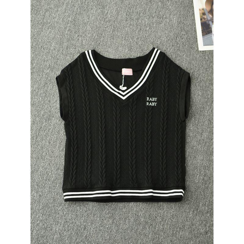 

V-neck Casual Easiest for Match Thread Bandage Dress Knitting Vest K1/black 130