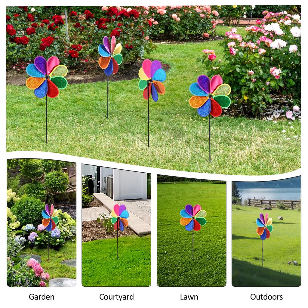 6Pcs Plastic Flower Wind Spinner Eight Leaf Bird Repellent Pinwheel Fade Resistant Sparkly Pinwheel Eye Catching for Yard Garden