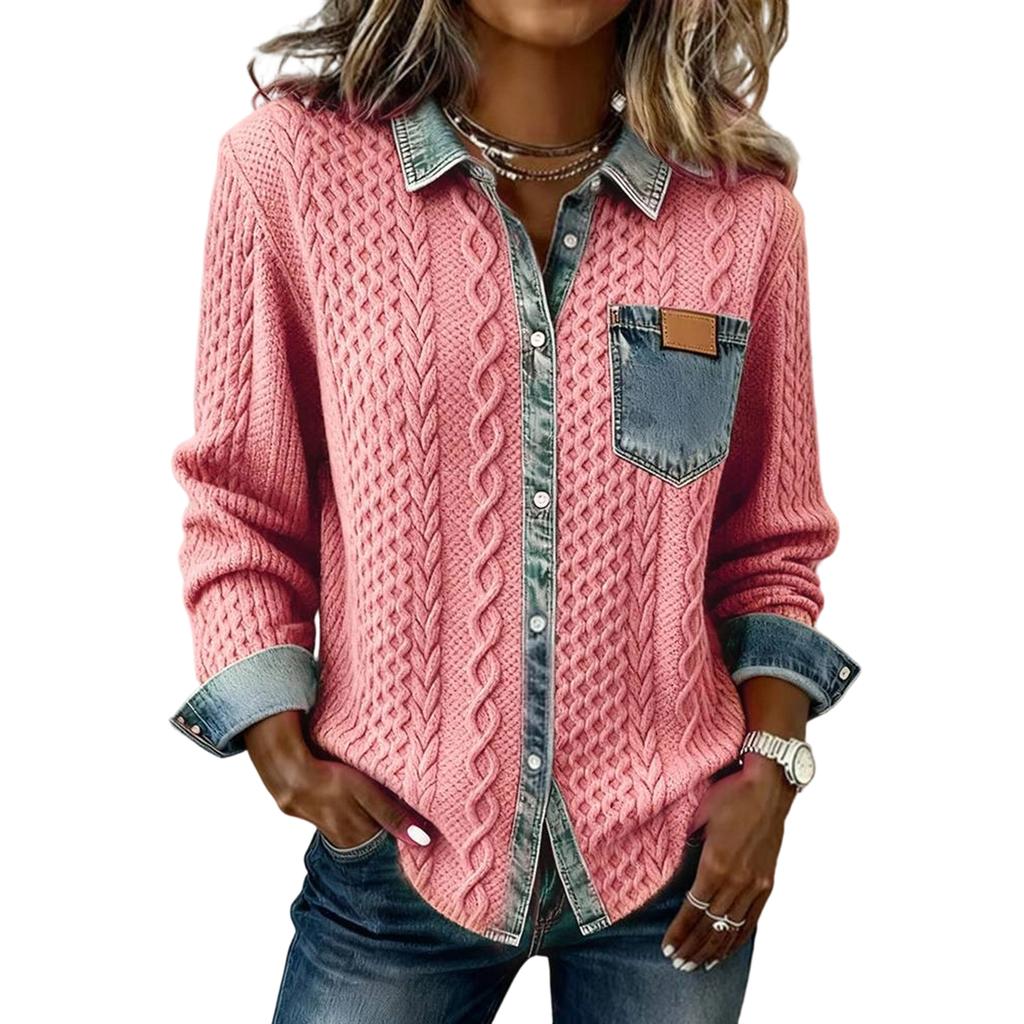 Damen Strick Patchwork Denim Mode Langärmelige Strickjacke Jacke